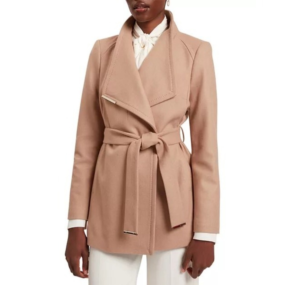 Ted Baker Rosess Short Belted Wool Wrap Coat Camel Tan Woven In Italy Size 2 sm